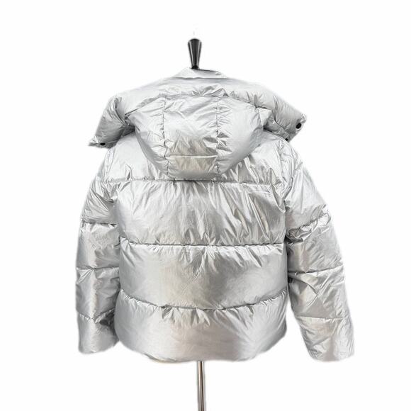 Express NWT Metallic Silver Reversible Black Hooded Full Zip Shiny Puffer Coat - Picture 6 of 13